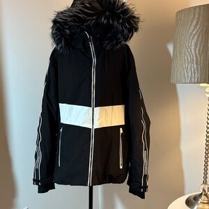 Women's Black and White Fur Hooded Ski Jacket